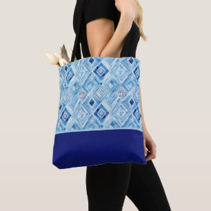 Tote Bag Bloc de couleur en patchwork diamant bleu et blanc