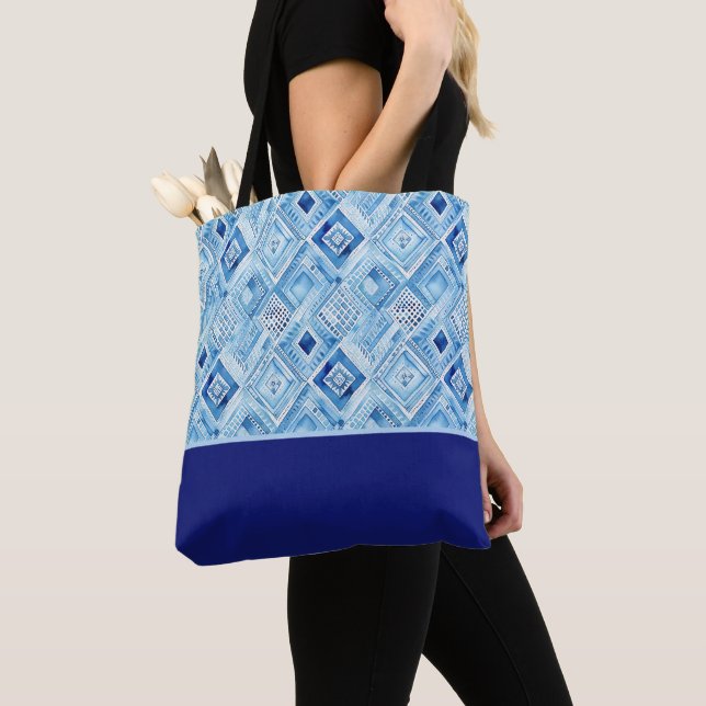 Tote Bag Bloc de couleur en patchwork diamant bleu et blanc (De près)