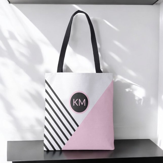 Tote Bag Bloc de couleur moderne et bandes avec Monogramme (Personalize with your monogram initials.)
