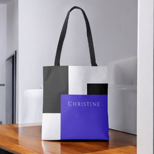 Tote Bag Bloc de couleur simple bleu, noir et blanc avec no