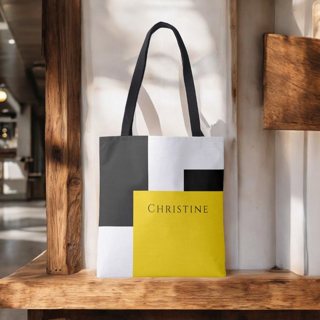 Tote Bag Bloc de couleur simple Jaune Blanc Noir avec nom (Personalize this custom tote with your name or monogram.)