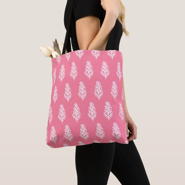Tote Bag Bloc-main Motif indien Imprimer blanc sur rose (De près)