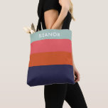 Tote Bag Blocage de couleur moderne larges bandes personnal<br><div class="desc">Un design moderne géométrique de blocs de couleur rayé dans une palette de couleurs audacieuses de turquoise,  rouge,  rose foncé et bleu marine,  personnalisée avec votre nom.</div>