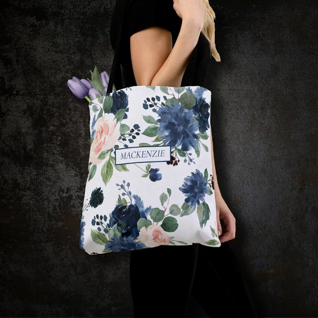Tote Bag Blooms Chics | Floral bleu marine et rose pâle (Créateur téléchargé)