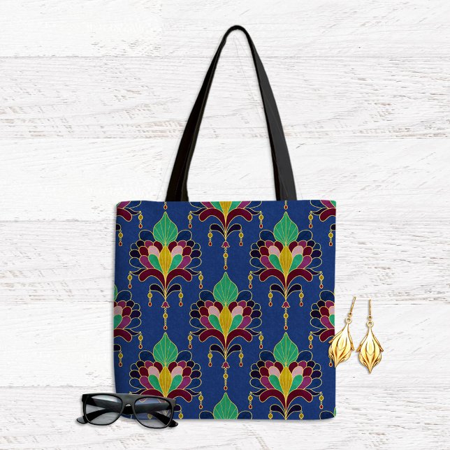 Tote Bag Blue and Gold Art Deco Floral Ornament (Créateur téléchargé)