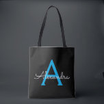 Tote Bag Blue Black Girl Script Monogramme Nom Moderne<br><div class="desc">Black and Blue Elegant Ajoutez votre propre nom Monogram Book Bag. Ce sac de livre peut être customisé pour inclure votre nom initial et prénom et donné comme cadeau pour Noël,  Sweet 16 Anniversaire,  Fête des mariées ou Mariage.</div>