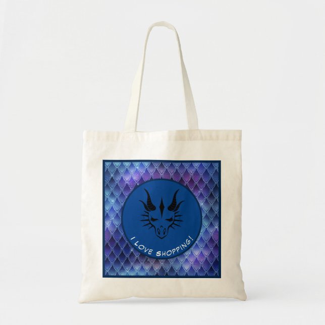 Tote Bag Blue & Black I Love Shopping Dragon Head & Scales (Devant)
