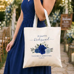 Tote Bag Blue Boho Chic Roses Bridesmaid Wedding Favor<br><div class="desc">These beautiful tote bags are a wonderful way to thank your bridesmaids for being part of your wedding party. They feature a lovely boho chic floral design with a cluster of hand painted watercolor roses in shades of royal, navy, and dusty blue, surrounded by sprigs of eucalyptus leaves and garden...</div>