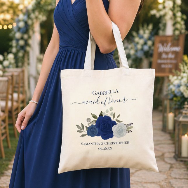 Tote Bag Blue Boho Roses Elegant Maid of Honor Wedding (Créateur téléchargé)