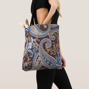 Tote Bag Blue Brown Vintage Paisley Nouveau
