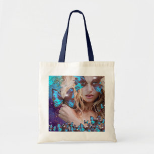 TOTE BAG BLUE BUTTERFLY WITH GREEN GOLD SPARKLES