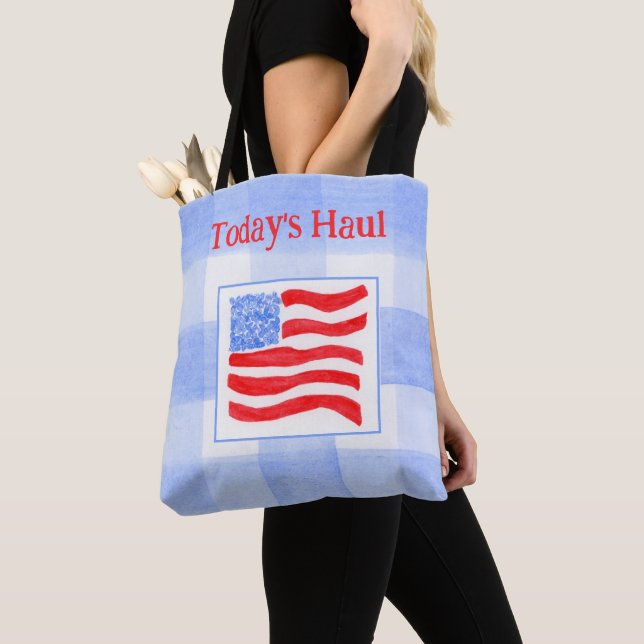 Tote Bag Blue Check Watercolor USA Flag  (De près)