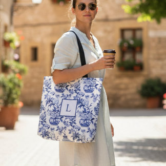 Tote Bag Blue Chinoiserie Monogram