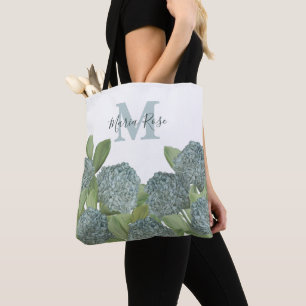 Tote Bag Blue Custom Monogramme Botanique Floral Hydrangea