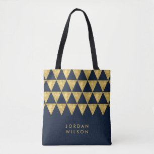 Tote Bag Blue Elegant Nom Faux Gold Triangle Motif