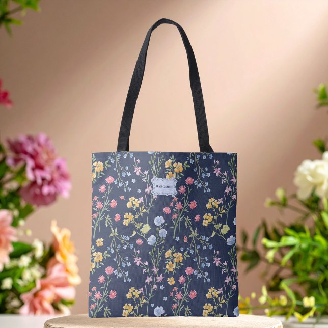 Tote Bag Blue Floral Bow Chic Trendy unique (Créateur téléchargé)