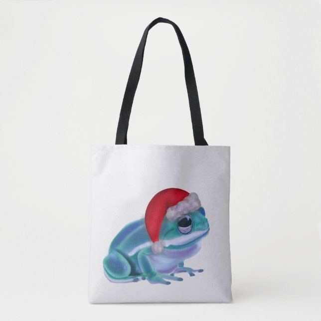 Tote Bag Blue frog with Santa hat. (Devant)