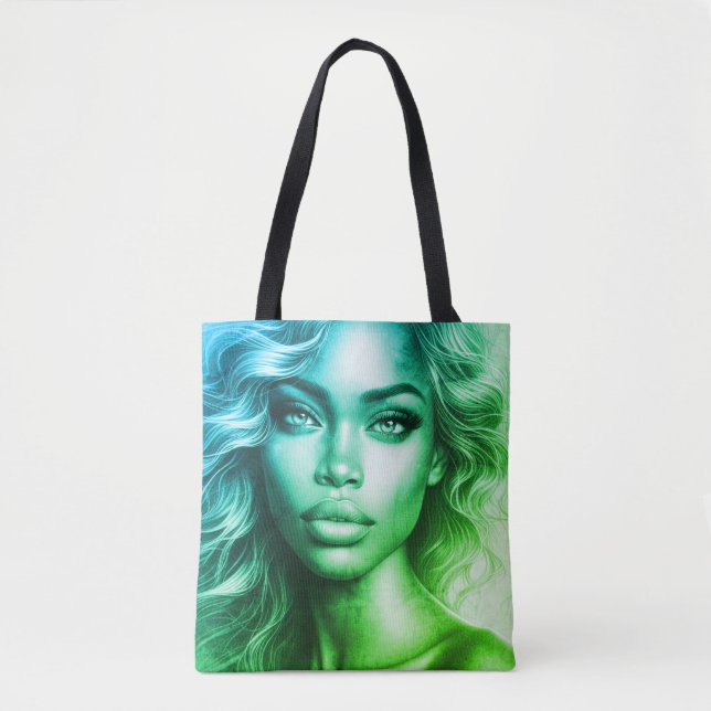 Tote Bag Blue + Green Photo of a Woman on Reusable Grocery (Devant)