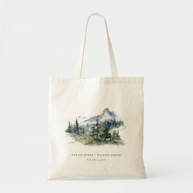 Tote Bag Blue Green Woods Mountain Paysage Mariage de croqu (Devant)