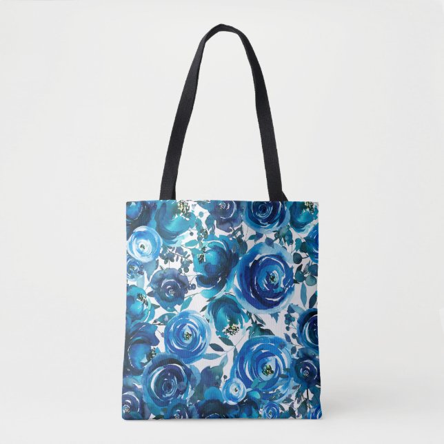 Tote Bag Blue Indigo Floral Flowers Élégant Shabby Chic (Devant)