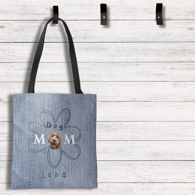 Tote Bag Blue Jean Chien tendance Photo Maman (This cute tote has the look of denim, personalized with the name and a picture of your pup!)