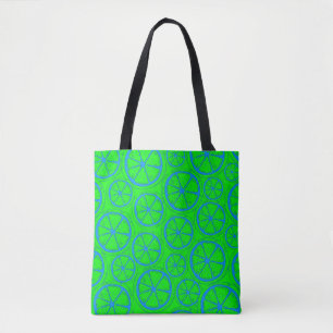 Tote Bag Blue Lime Lemon Pattern with Neon Green Background