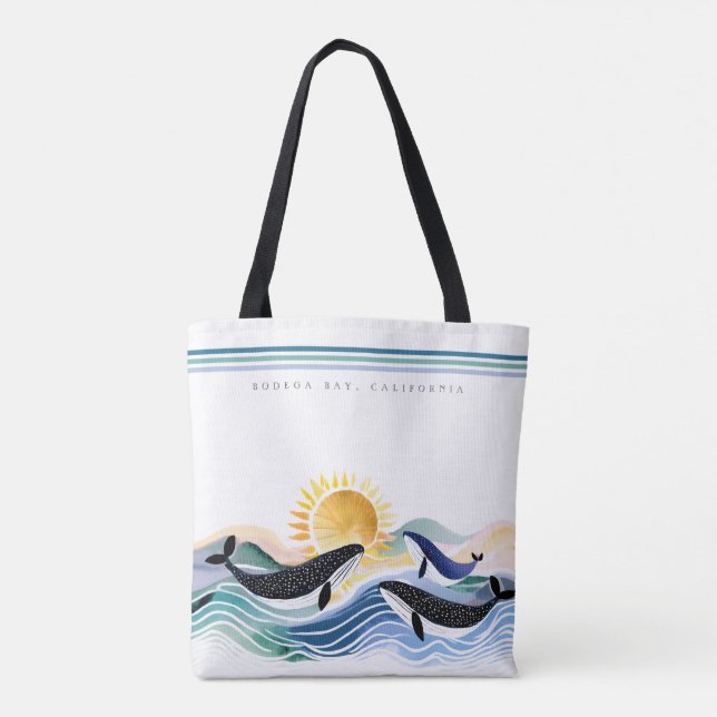 Tote Bag Blue Marine Happy Whales & Waves Custom (Dos)
