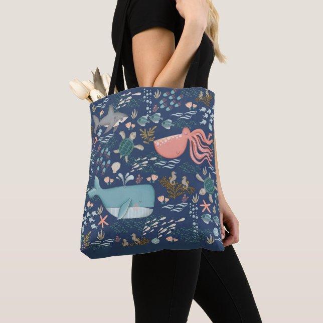 Tote Bag Blue Marine Life Ocean Animal Waterton Art (De près)