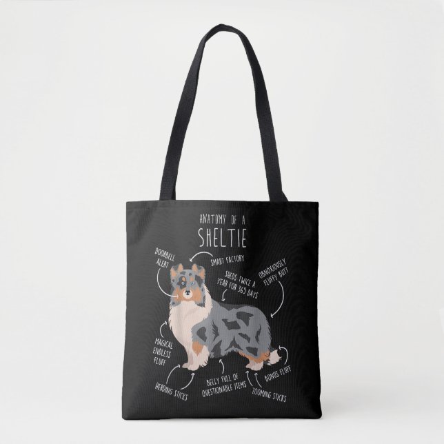 Tote Bag Blue Merle Sheltie Shetland Sheepdog Anatomie, Fun (Devant)