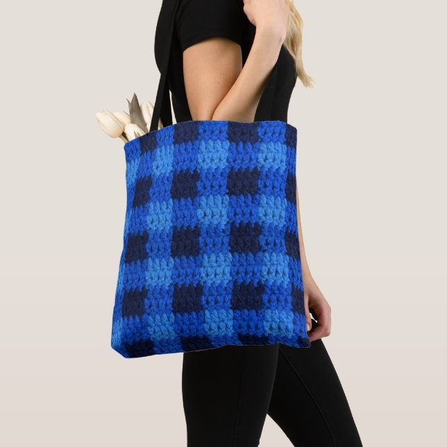 Tote Bag Blue Navy En vichy Plaid Artisan Crochet Imprimer (De près)