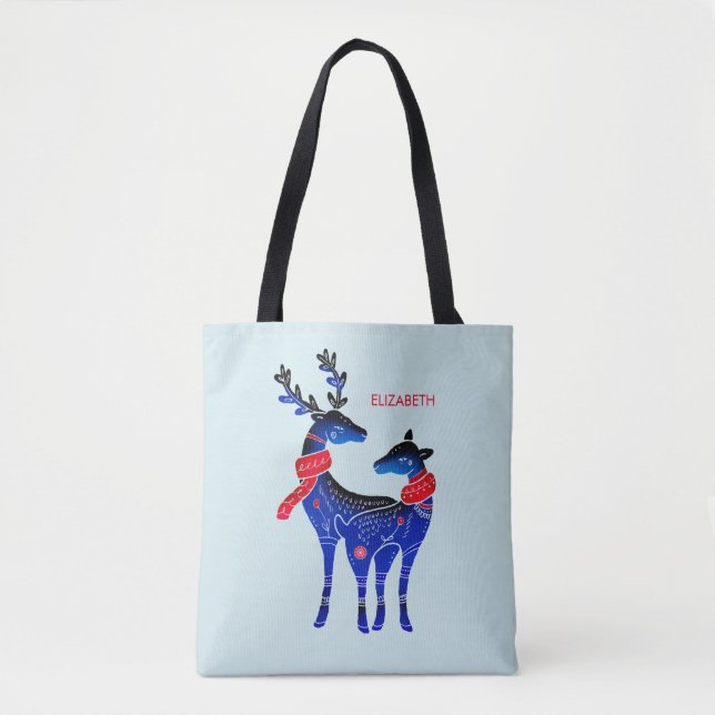 Tote Bag Blue Nordic Christmas Reindeer Pair (Devant)