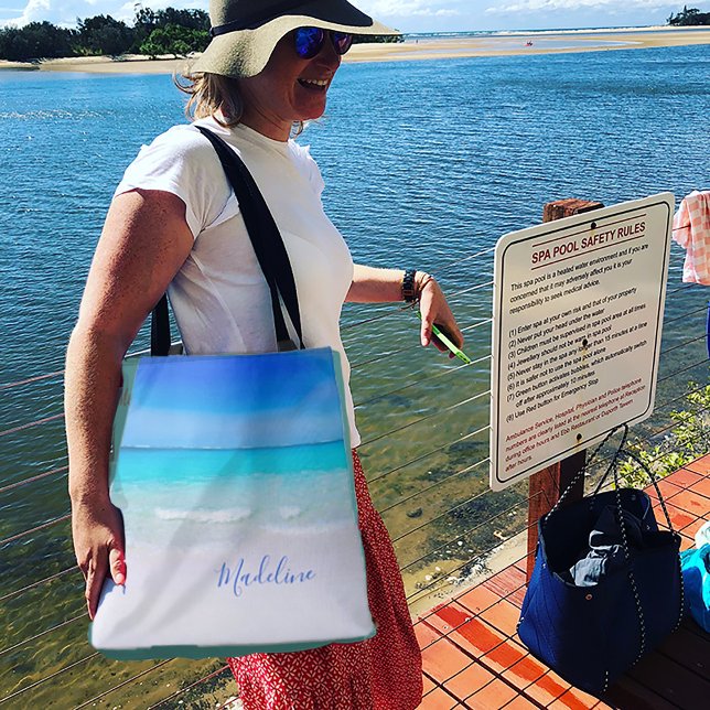 Tote Bag Blue Ocean Sand Beach Scene Personal (Créateur téléchargé)