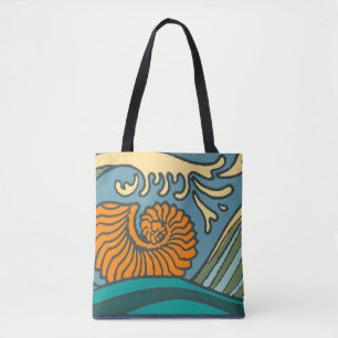 Tote Bag Blue Ocean Waves Nautilus Seashell Motif Nouveau