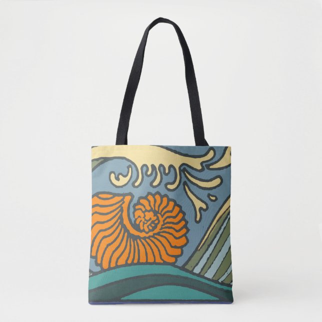 Tote Bag Blue Ocean Waves Nautilus Seashell Motif Nouveau (Devant)