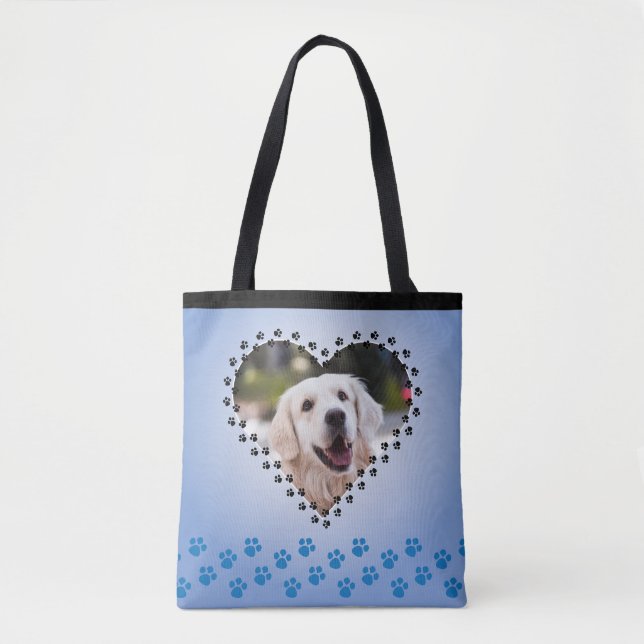 Tote Bag Blue Ombre Heart Empreintes de pattes Custom Chien (Devant)