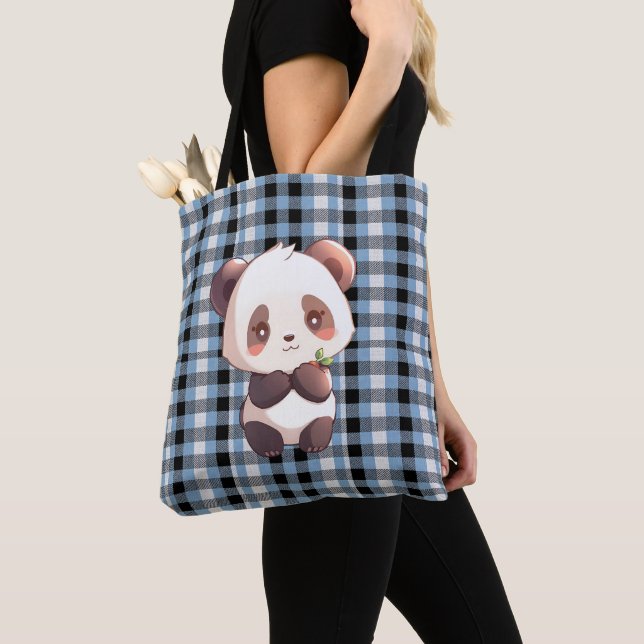Tote Bag Blue Plaid Panda (De près)