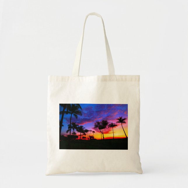 Tote Bag Blue Red Sunset Exotic Hawaiian Beach Palm Trees (Devant)