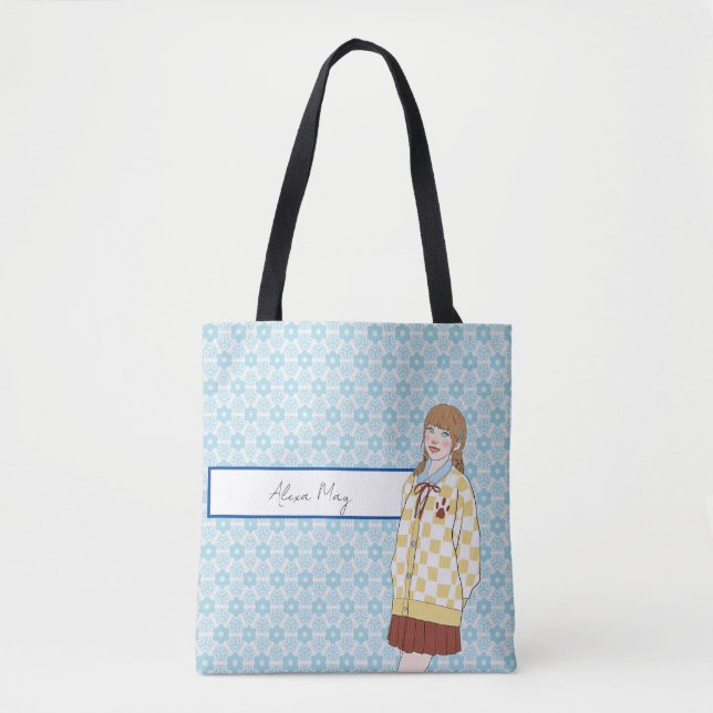 Tote Bag Blue Stars Motif avec Girl Illustration modifiable (Devant)