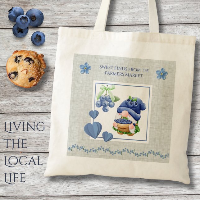 Tote Bag Blue Whimsical Gnome Blueberry Farmers Market (Grab this charming gnome tote and make your next market haul the sweetest one yet!)