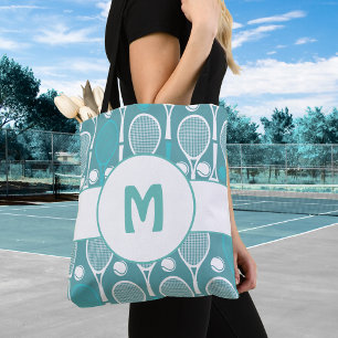 Tote Bag Blue & White Tennis Rackets Balls Joueur Nom migno