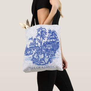 Tote Bag Blue Willow Rabbit Island Whimsical Elegant Amusem