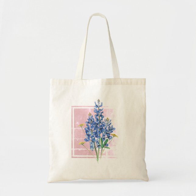 Tote Bag Bluebonnets sur Carré rose (Devant)