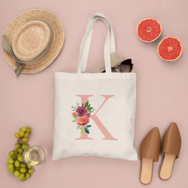 Tote Bag Blush Bourgogne Floral Monogramme Initiale (Créateur téléchargé)