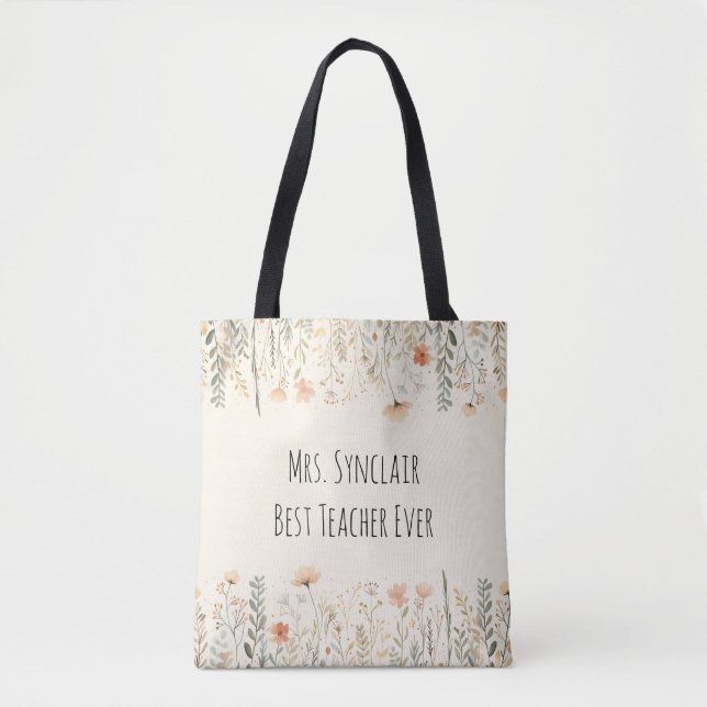 Tote Bag Blush Fleur Sauvage Personnalisé Merci Professeur (Devant)