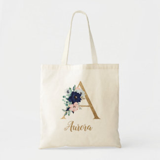 Tote Bag Blush Floral Bleu Marine Lettre A en Or