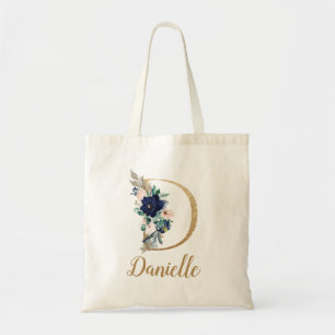 Tote Bag Blush Floral Bleu Marine Lettre D en Or