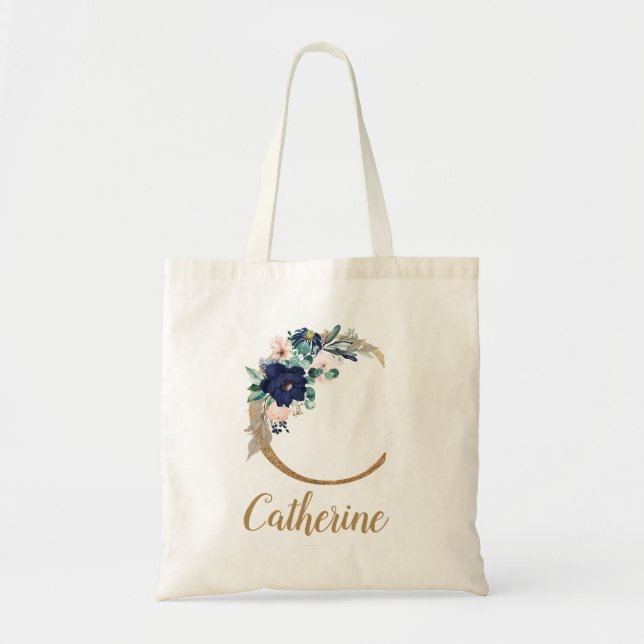 Tote Bag Blush Floral Lettre C en Bleu Marine Or (Devant)