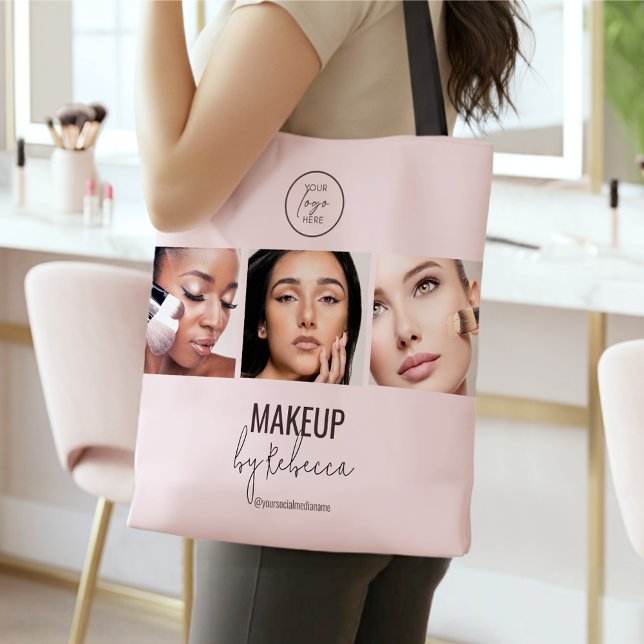 Tote Bag Blush Pink Modern 3 Photo Makeup Studio Logo (Modern blush pink design with 3 photo slots for your model photography)
