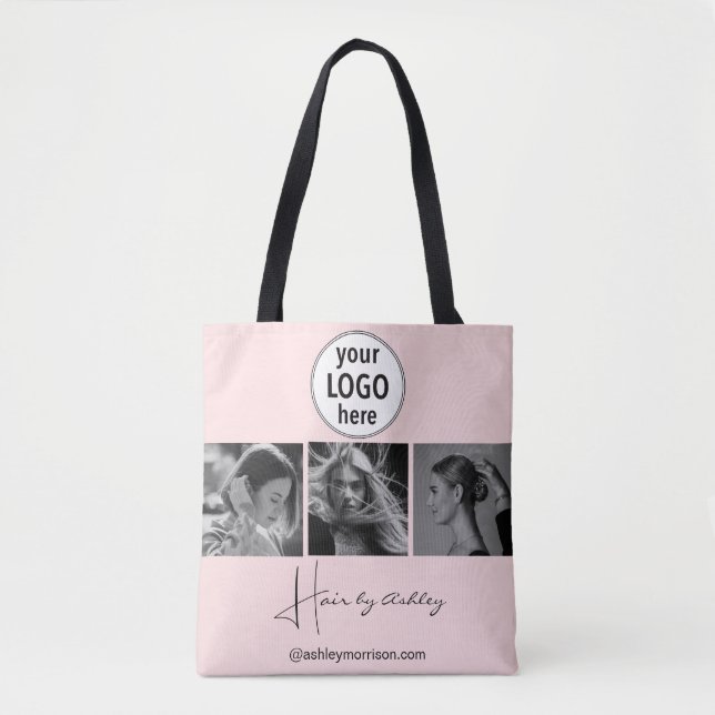 Tote Bag Blush Pink Photo Black Script Hair Stylist  (Devant)