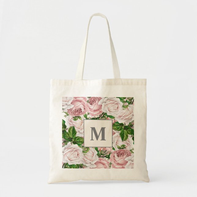 Tote Bag Blush Rose Crème Fleur Monogramme Initiale (Devant)